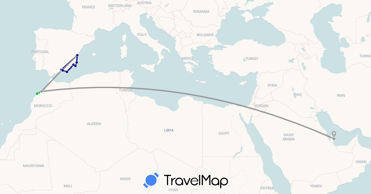 TravelMap itinerary: driving, bus, plane in Spain, Morocco, Qatar (Africa, Asia, Europe)